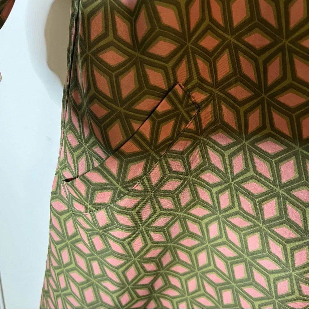 Retro Fossil A-Line Dress | Mid Century Mod Pink Green Geometric Pattern Size M